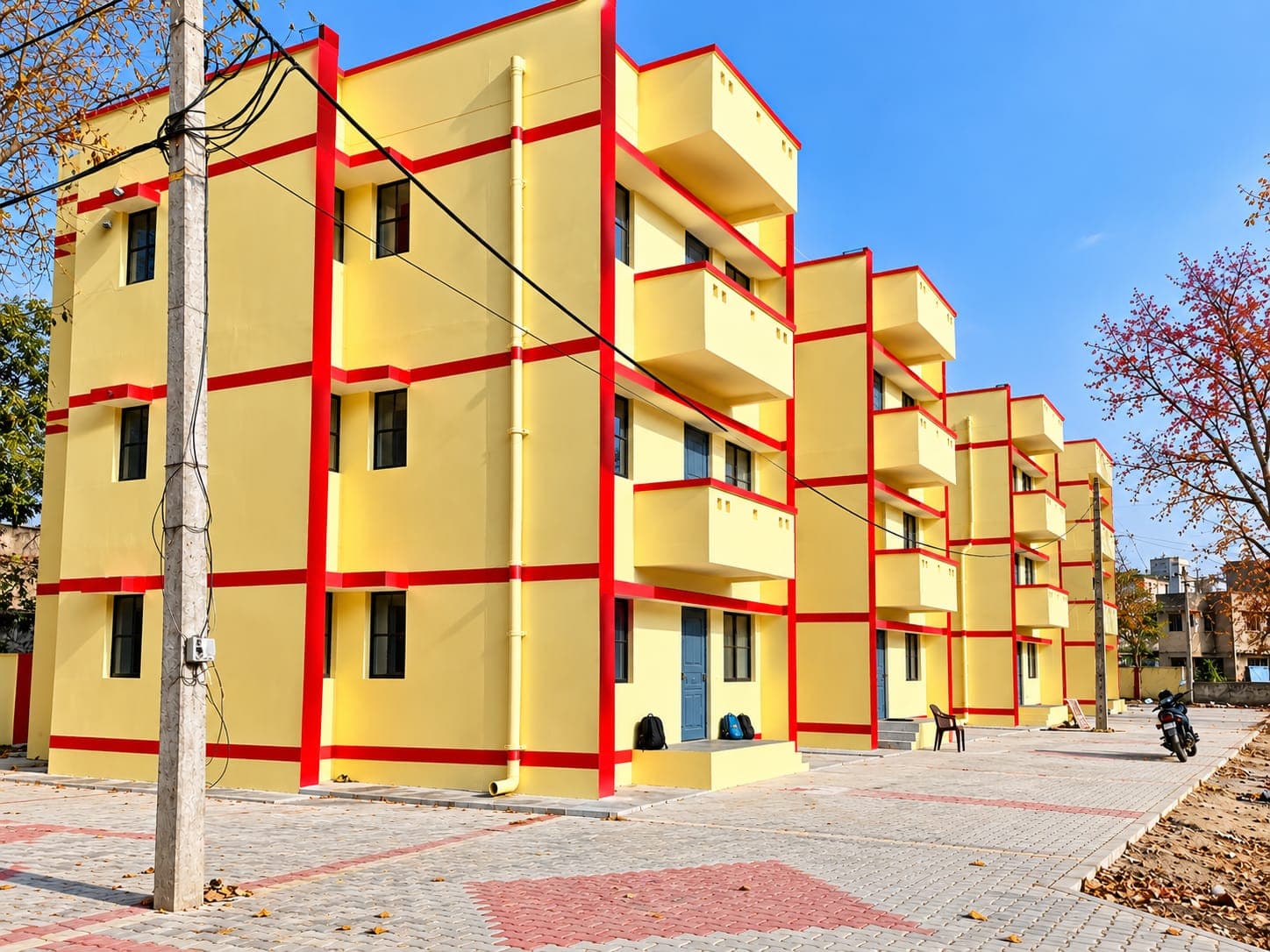 Yellow and red multi-storey Type-II residence blocks at District Jail Mathura