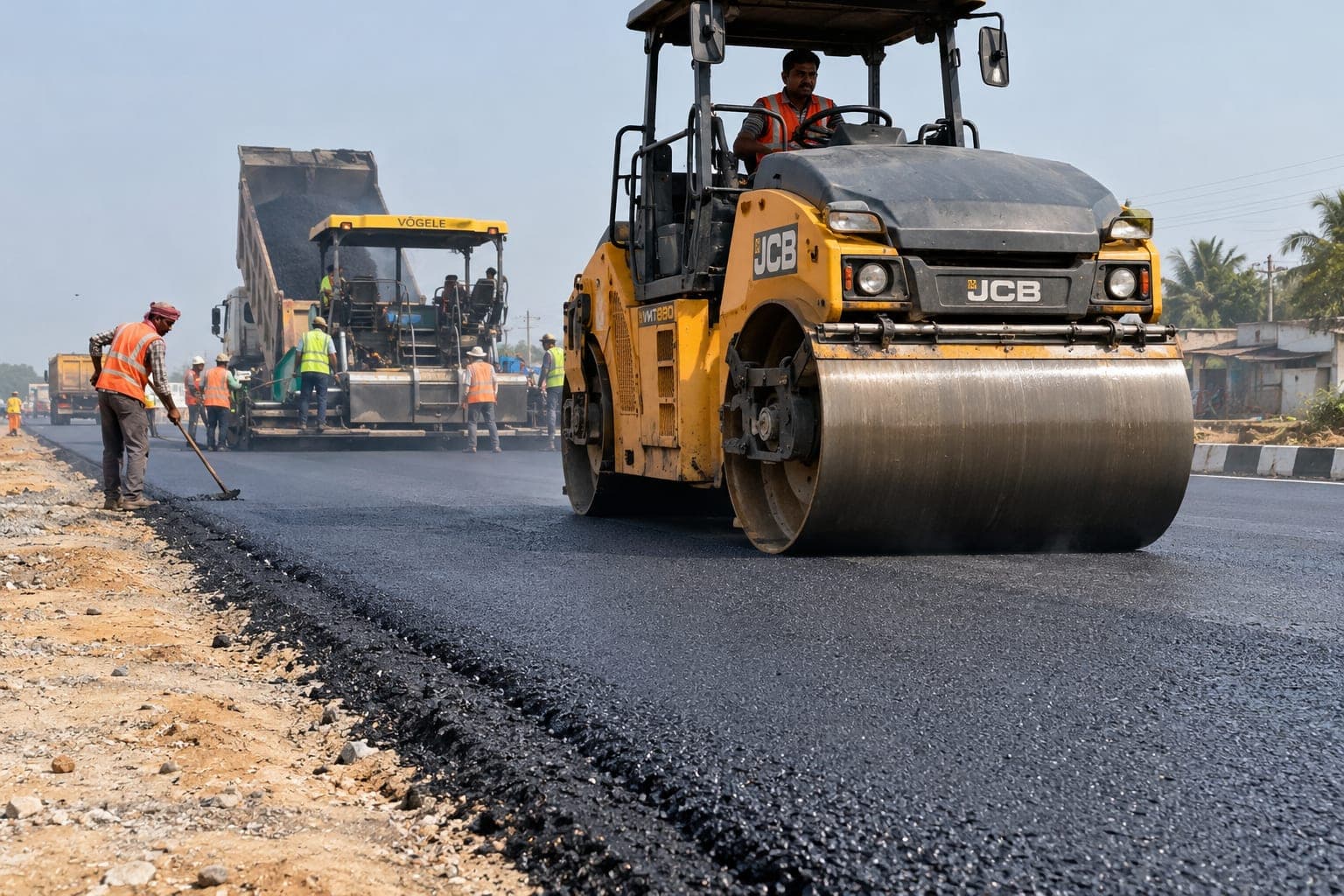 Road development work in Mathura with a paver laying asphalt and a roller compacting the new surface